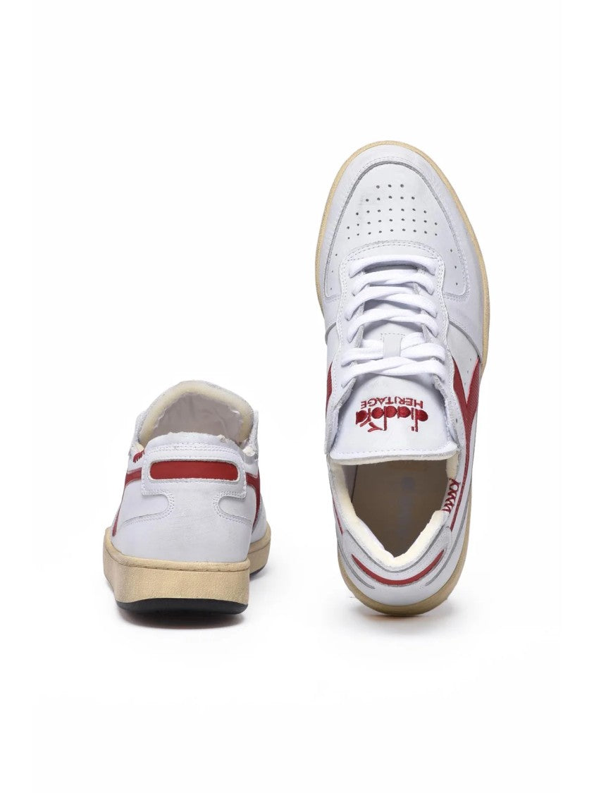 Diadora Heritage Grey Red Leather Basket Row Sneakers