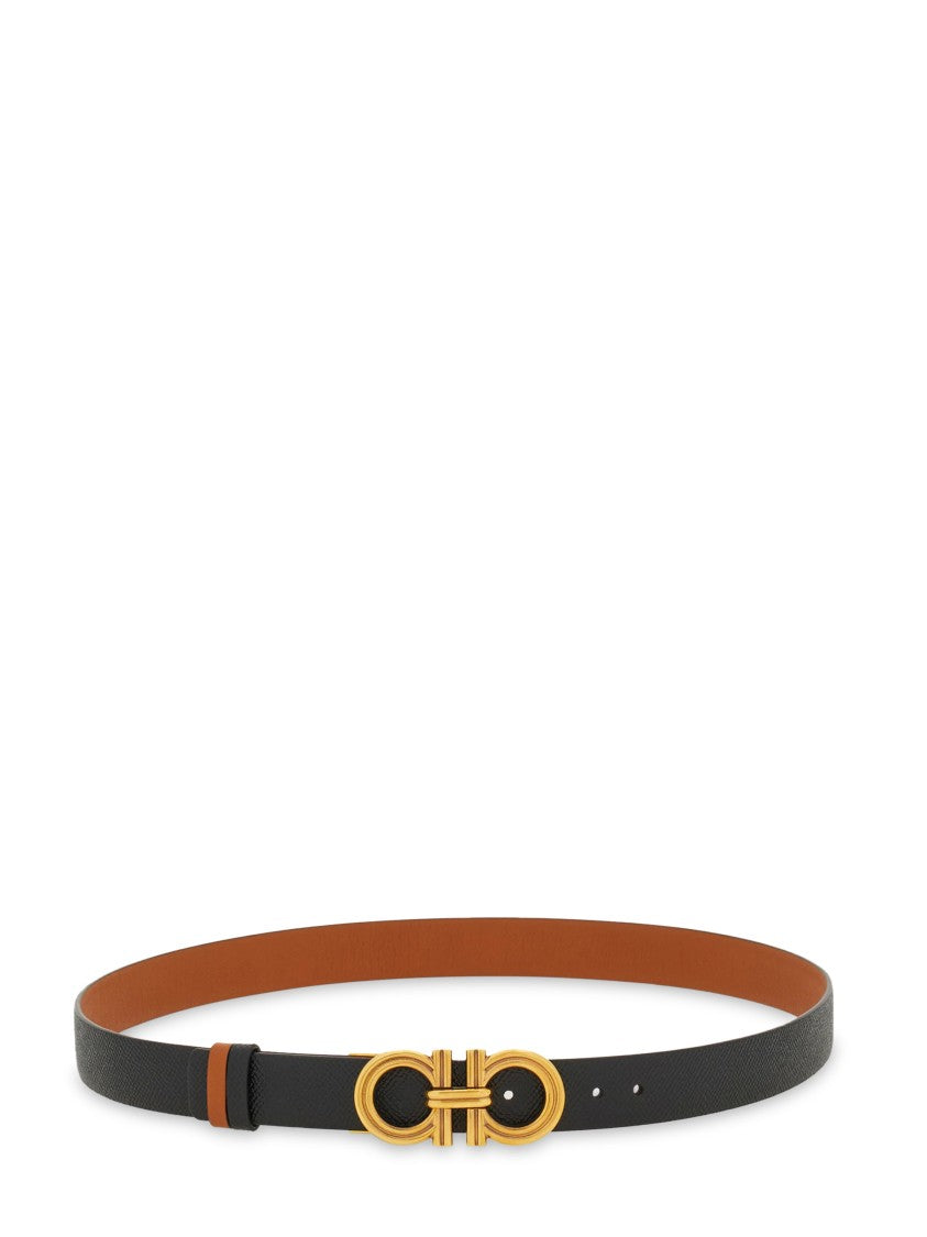 Ferragamo Reversible Leather Belt With Gold-Tone Double Gancini Buckle
