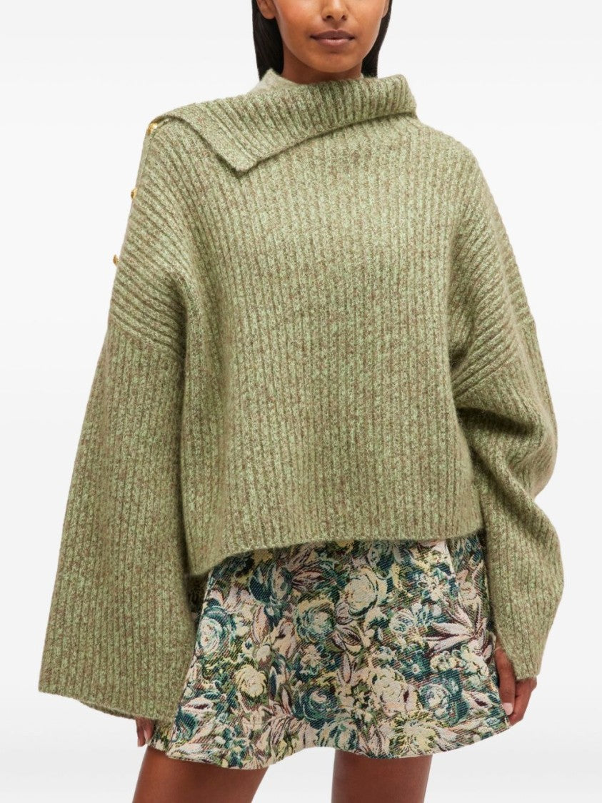 Ganni Beige Knit Sweater With Asymmetrical Collar