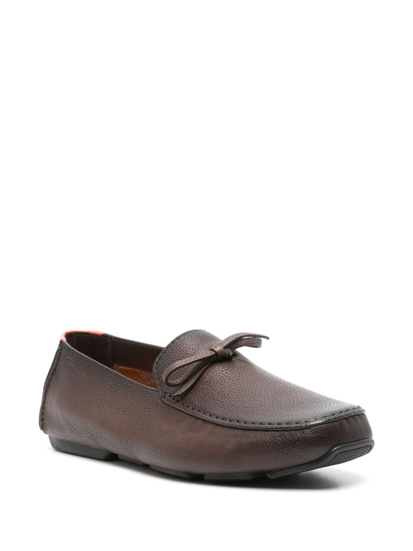 Santoni Brown Textured Leather Loafers With Decorative Bow