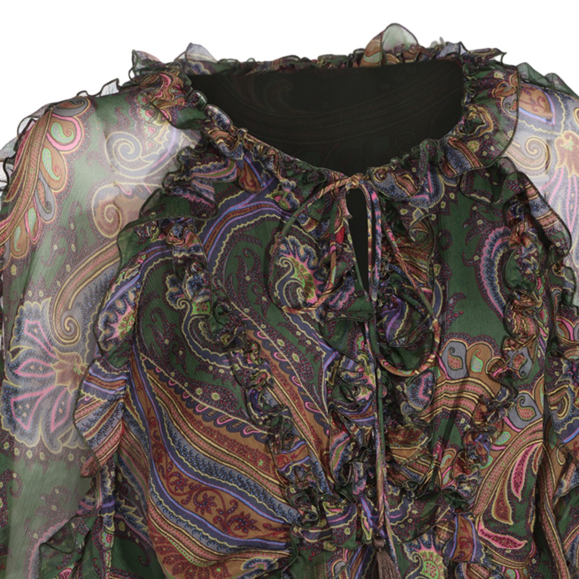 Etro Sheer Billowy Sleeves Ruffled Neck Maxi Dress