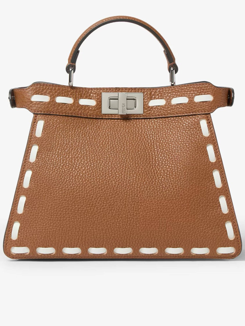 Fendi Trapezoidal Leather Handbag With Stitched Detailing And Silver-Tone Closure