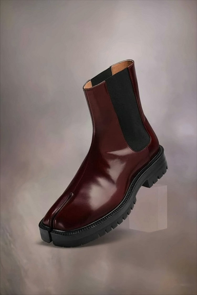 Maison Margiela Burgundy Leather Ankle Boots With Split-Toe Design