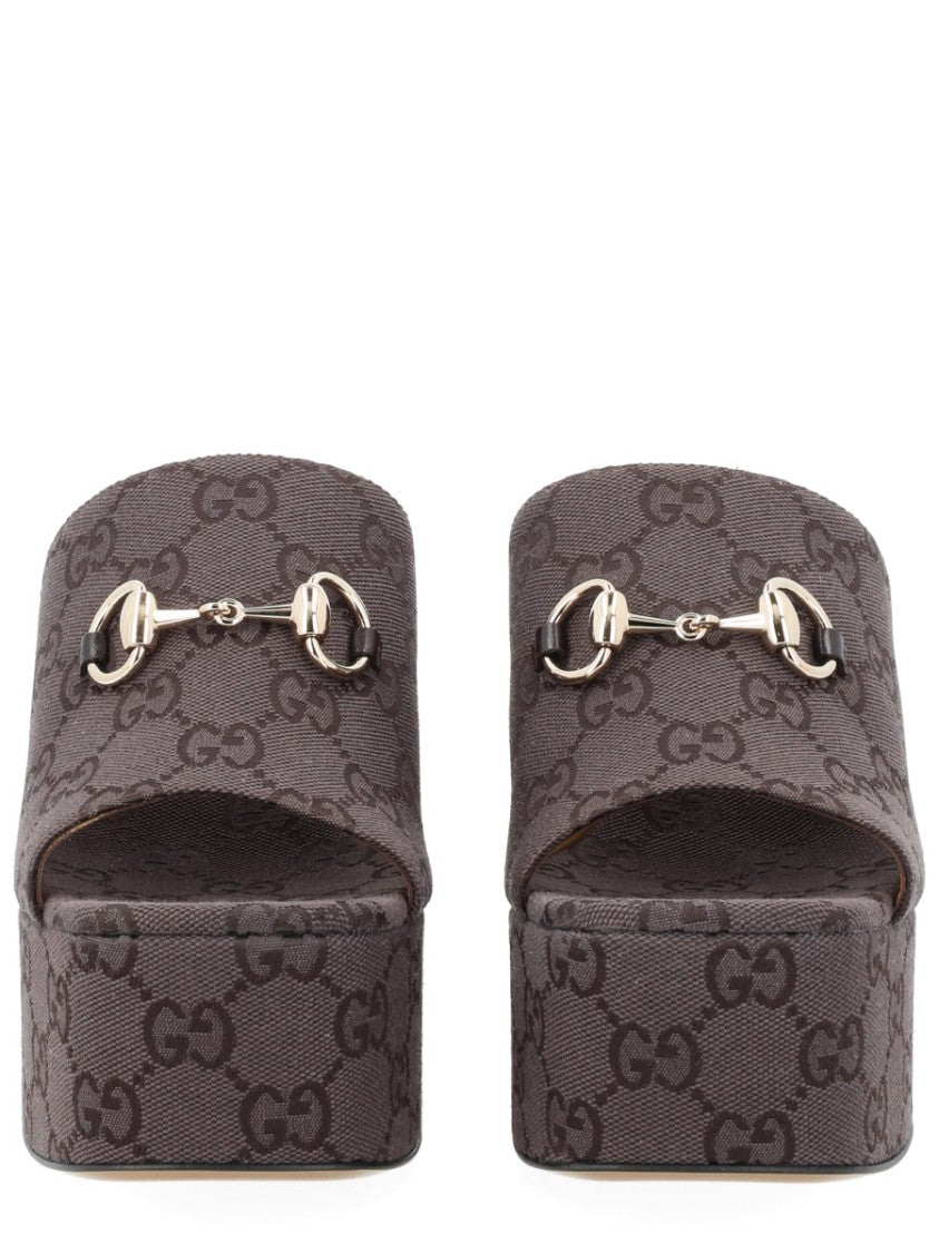 Gucci Gg Monogram Horsebit Fabric Wedge Sandals