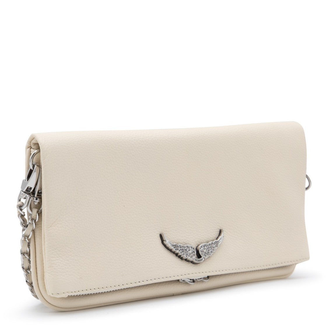 Zadig & Voltaire Rectangular Pebbled Clutch With Wing Emblem And Chain Strap