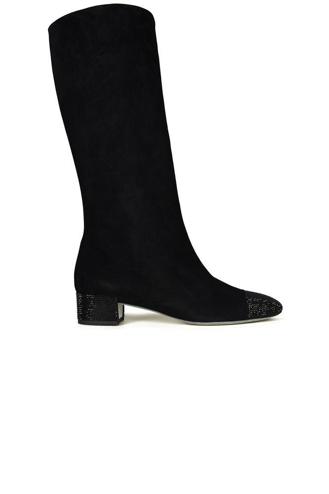 René Caovilla Mid-Calf Black Suede Boots With Glitter-Embellished Details