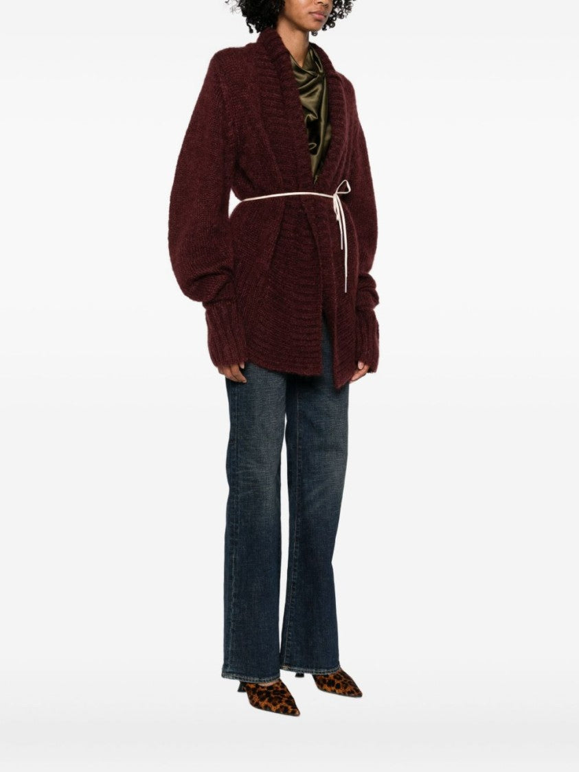 Dries Van Noten Burgundy V-Neck Oversized Cardigan With Layered Sleeves