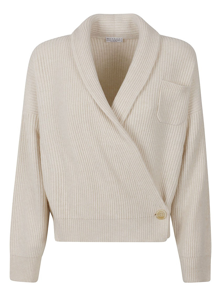 Brunello Cucinelli Ribbed Knit Cashmere Sweater With Wrap-Style Front