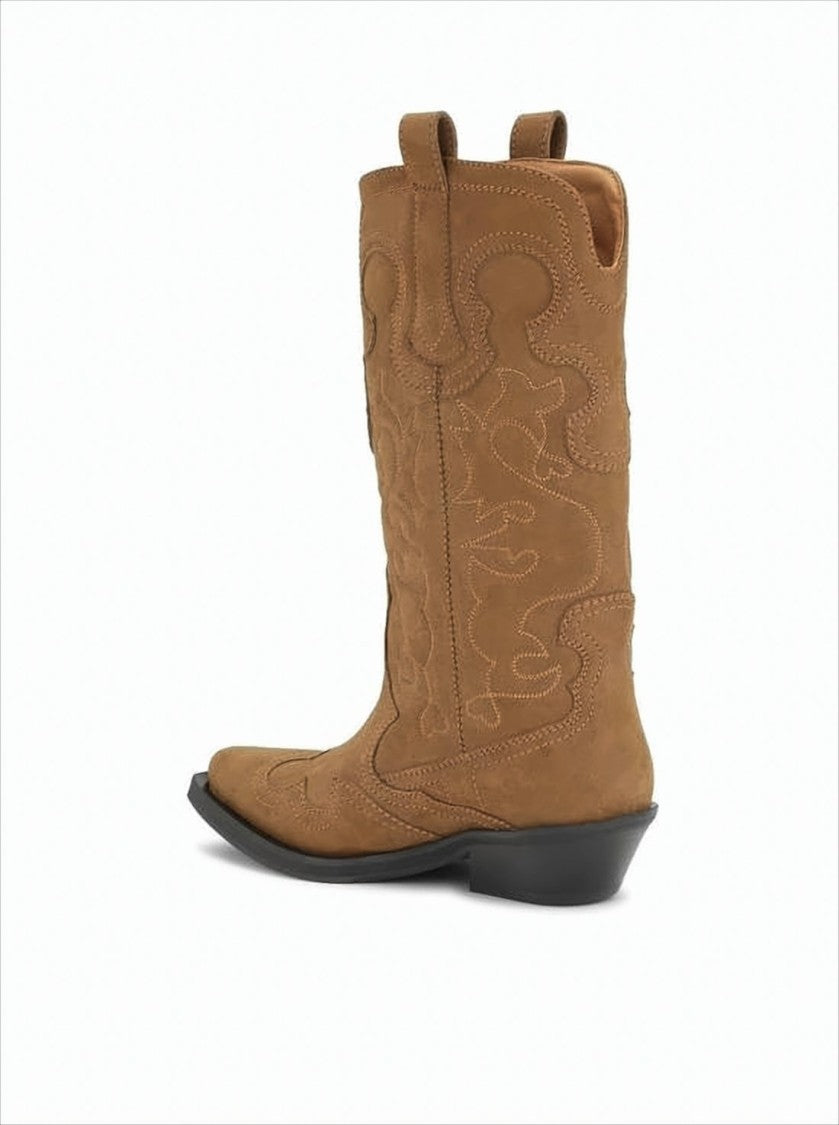 Ganni Mid-Calf Brown Boots With Intricate Stitching And Pull Tabs