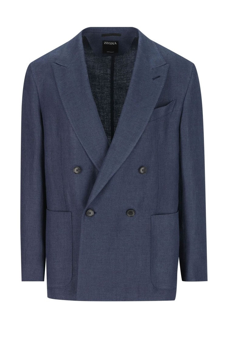 Zegna Double-Breasted Linen-Wool Textured Blazer
