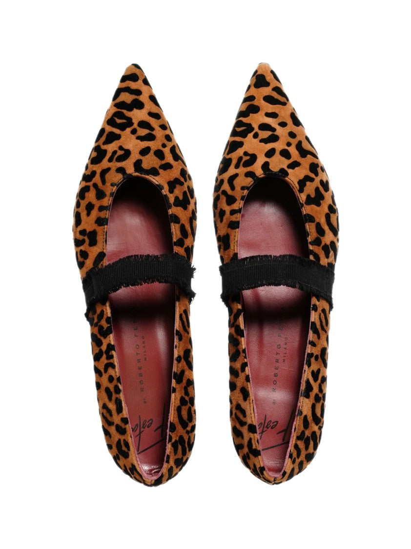 Roberto Festa Pointed Toe Leopard Print Flats With Frayed Black Strap