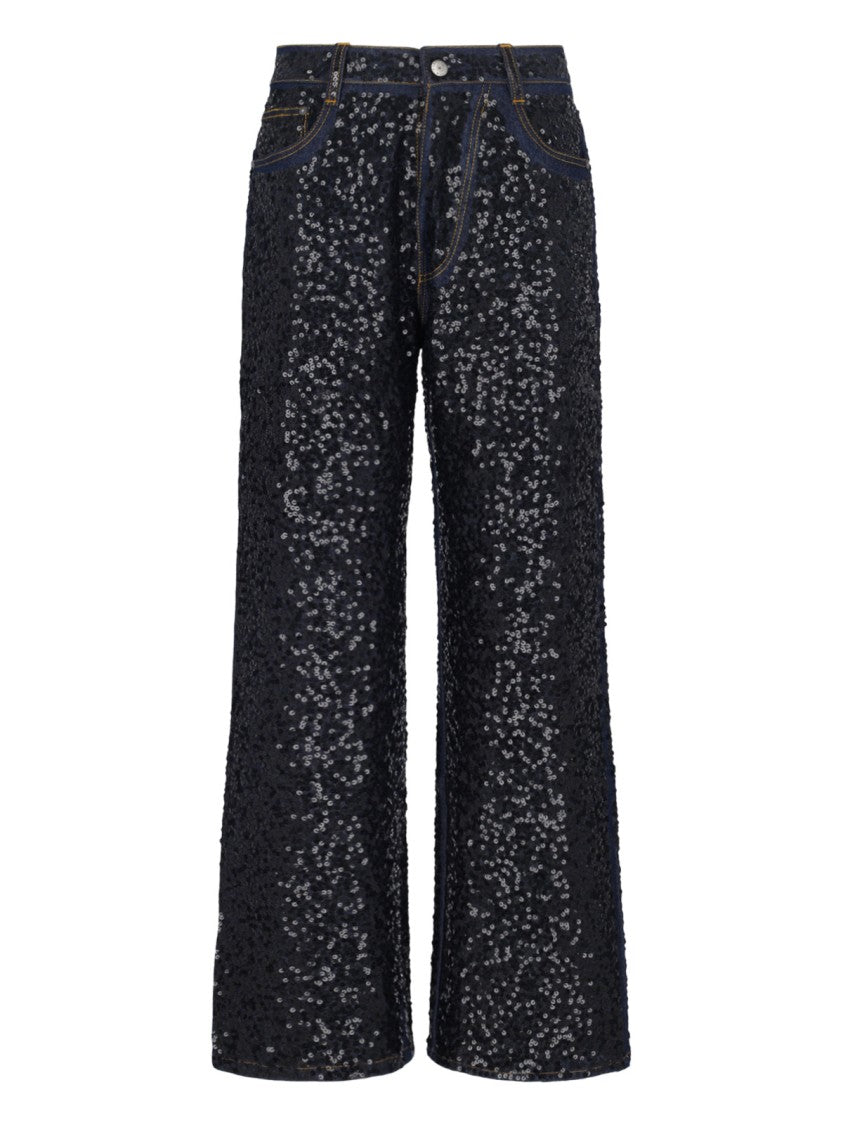Parosh "Guff" Sequin Straight Jeans In Black Stretch Denim