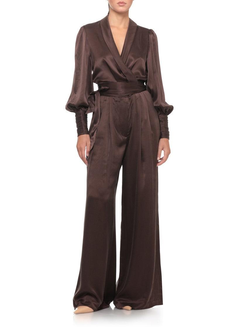Zimmermann Brown Gathered Lace-Trim Silk Blouse