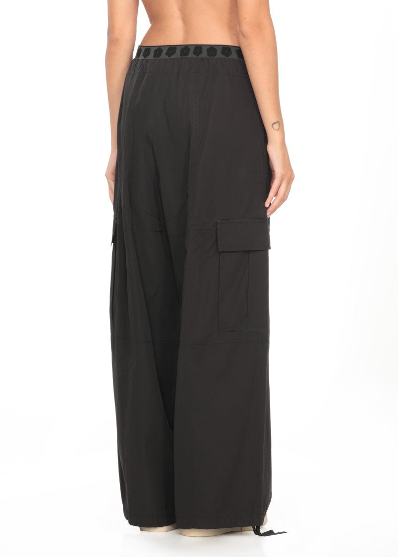 Kenzo Relaxed Fit Black Cotton Blend Pants With Logo Accents