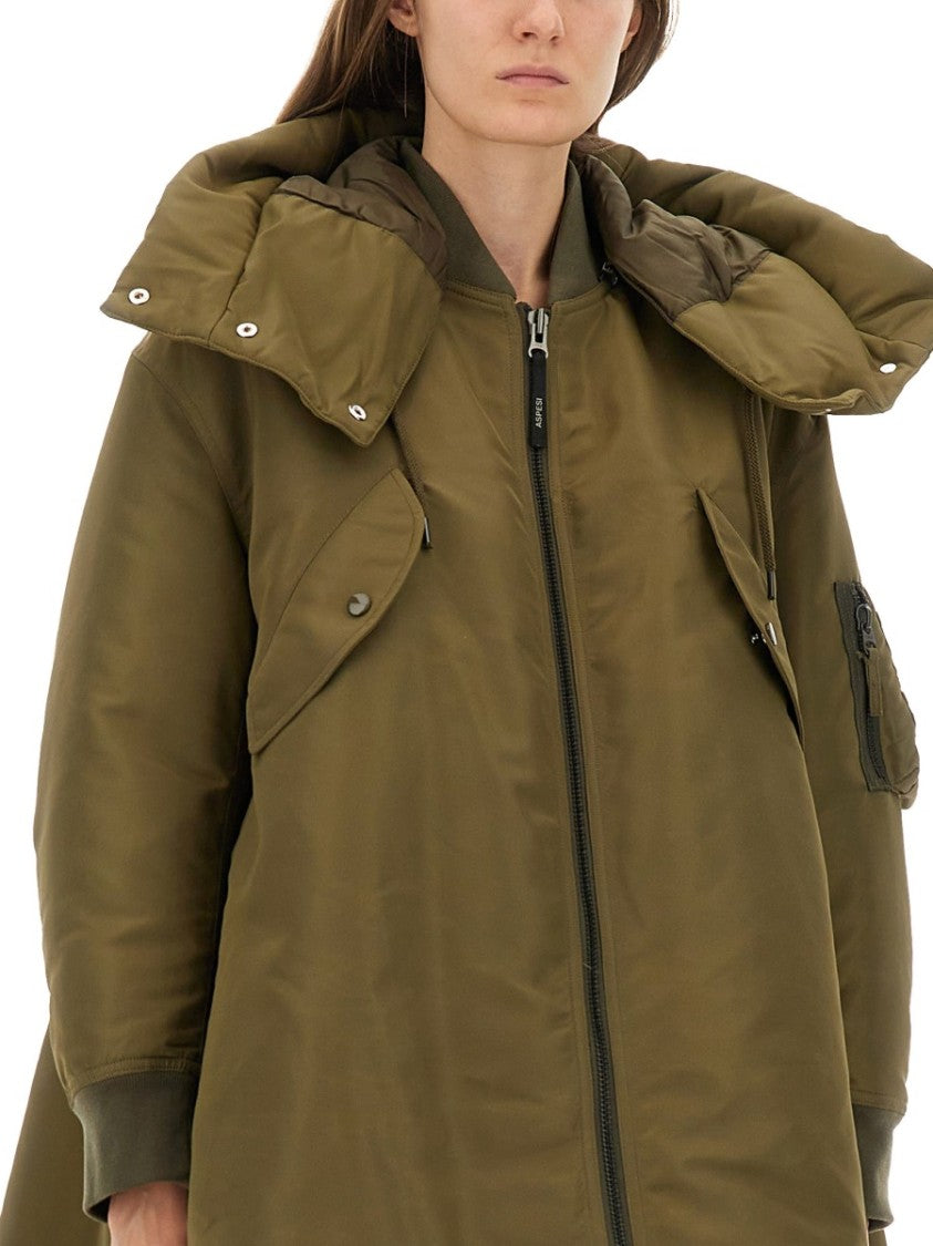 Aspesi Green Bomber Jacket With Detachable Hood