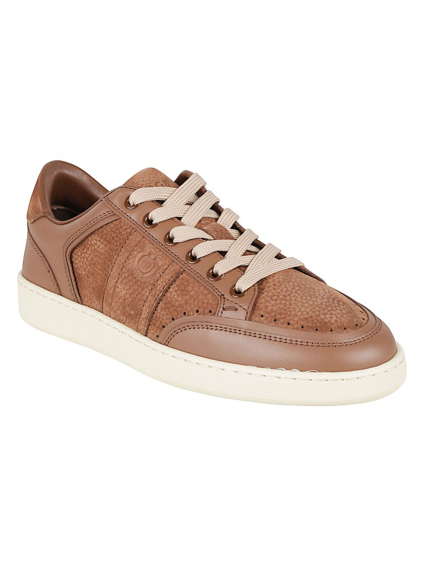 Ferragamo Brown Low-Top Sneakers With Textured Leather Panels