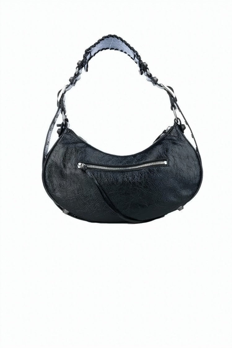 Balenciaga Curved Black Lambskin Shoulder Bag With Silver Accents