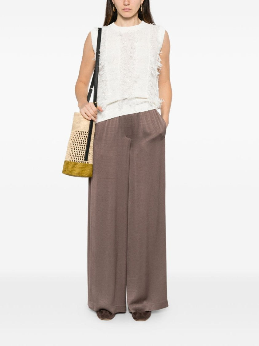 Peserico Textured Knit Sleeveless White Sweater With Fringed Stripes