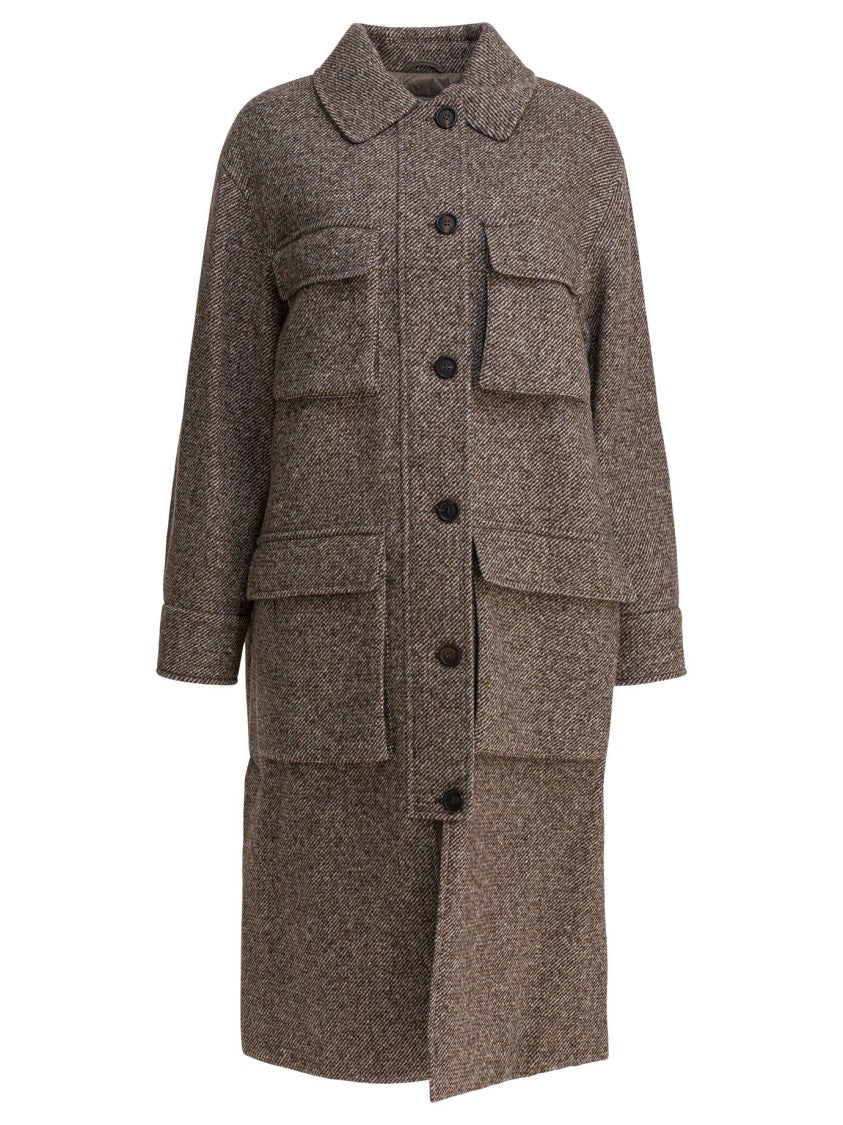 Brunello Cucinelli Coat In Diagonal Mélange Of Virgin Wool And Silk