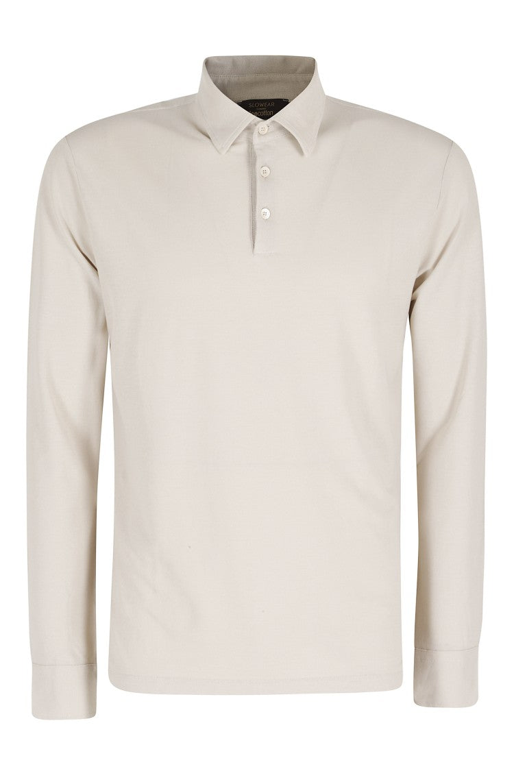 Zanone Sand Slim Long Sleeve Side Slit Cotton Polo Shirt