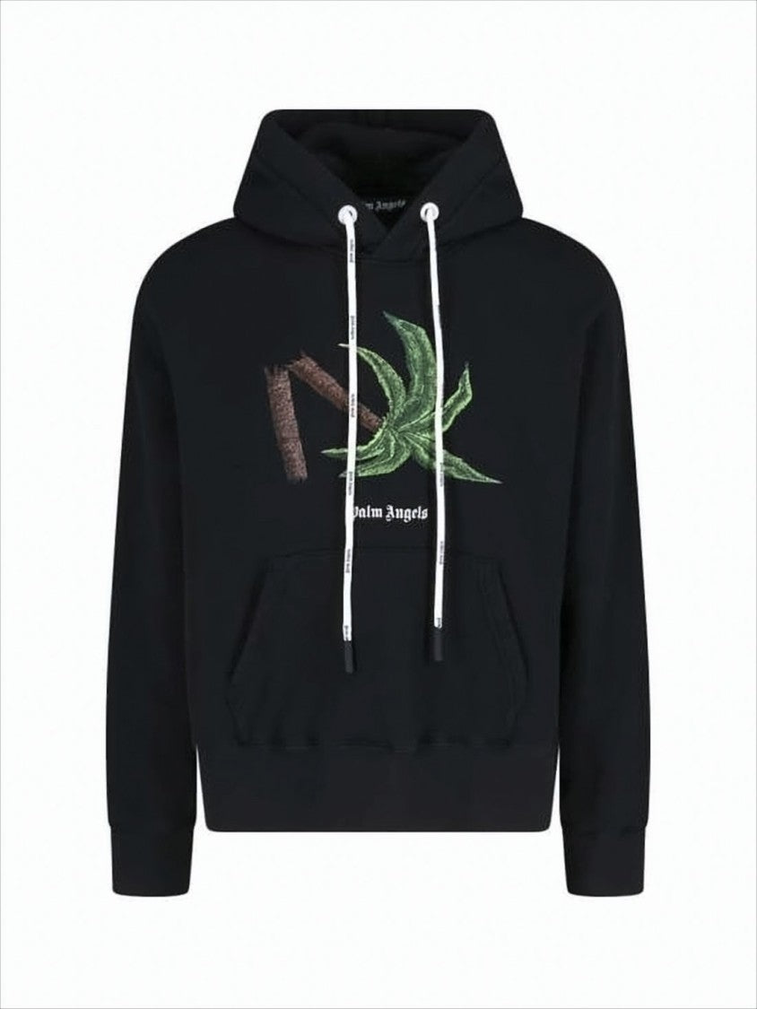Palm Angels Cropped Black Hoodie With Embroidered Leaf Design