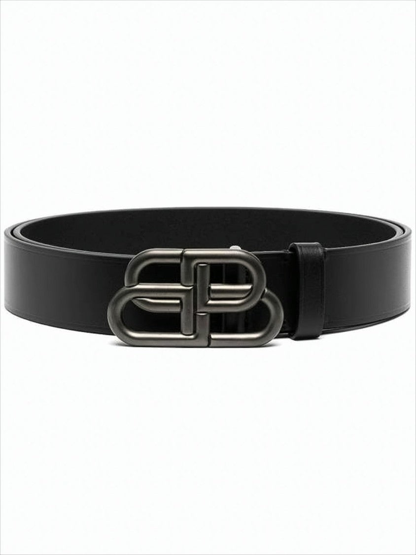 Balenciaga Black Leather Belt With Interlocking Gunmetal Buckle