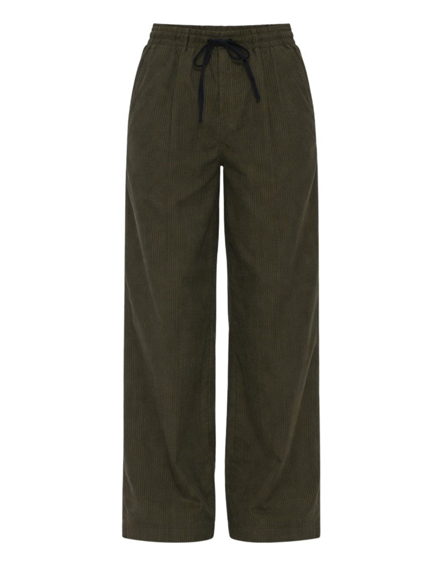 Pomandère Military Green Striped Cotton Loose-Fit Straight-Leg Pants