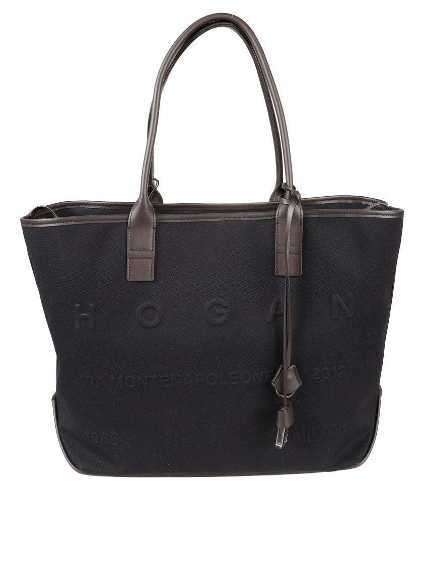 Hogan Structured Black Canvas Tote Bag With Embossed Branding