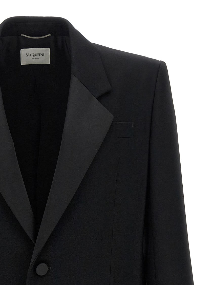 Saint Laurent Single-Breasted Grain De Poudre Wool Blazer With Satin Mirror Lapels