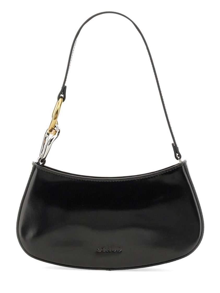 Staud Curved Black Shoulder Bag With Glossy Finish And Chain Accents