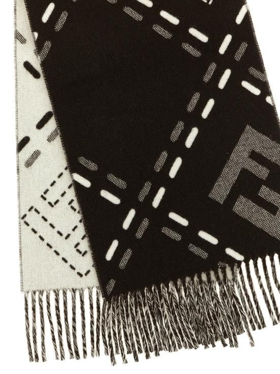 Fendi Black Wool Scarf With Stitched Pattern And Fringed Edges