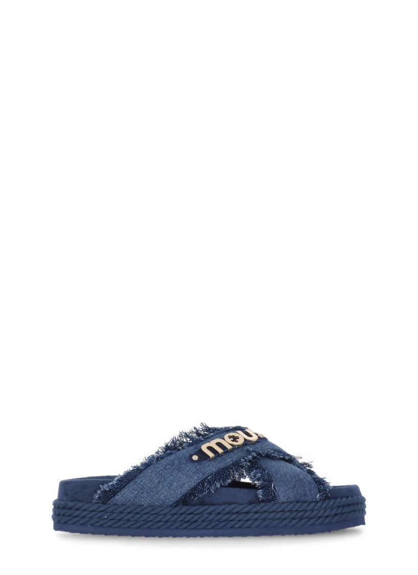 Mou Blue Criss-Cross Denim Sandals