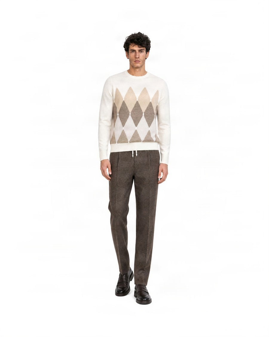 Ballantyne Cream Argyle Diamond Pattern Cashmere Sweater