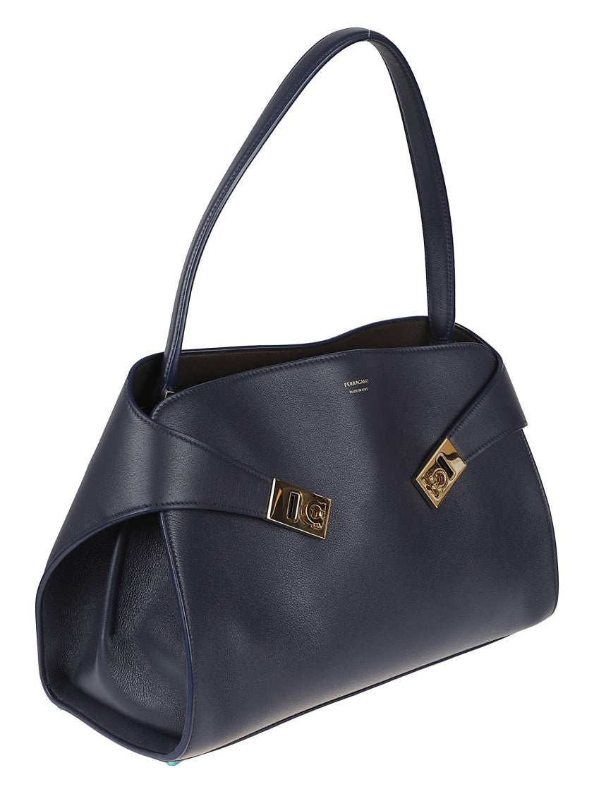 Ferragamo Rectangular Black Calf Leather Handbag With Gold Accents