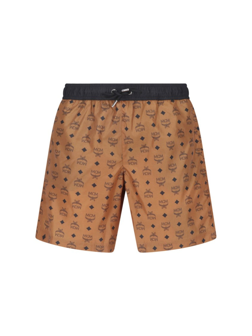 Mcm Brown Visetos Monogram Swim Shorts