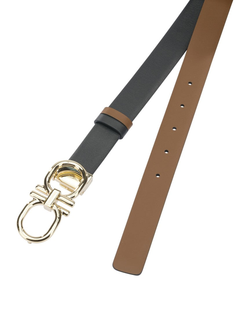 Ferragamo Reversible Leather Belt With Distinctive Gold-Tone Double Gancini Buckle