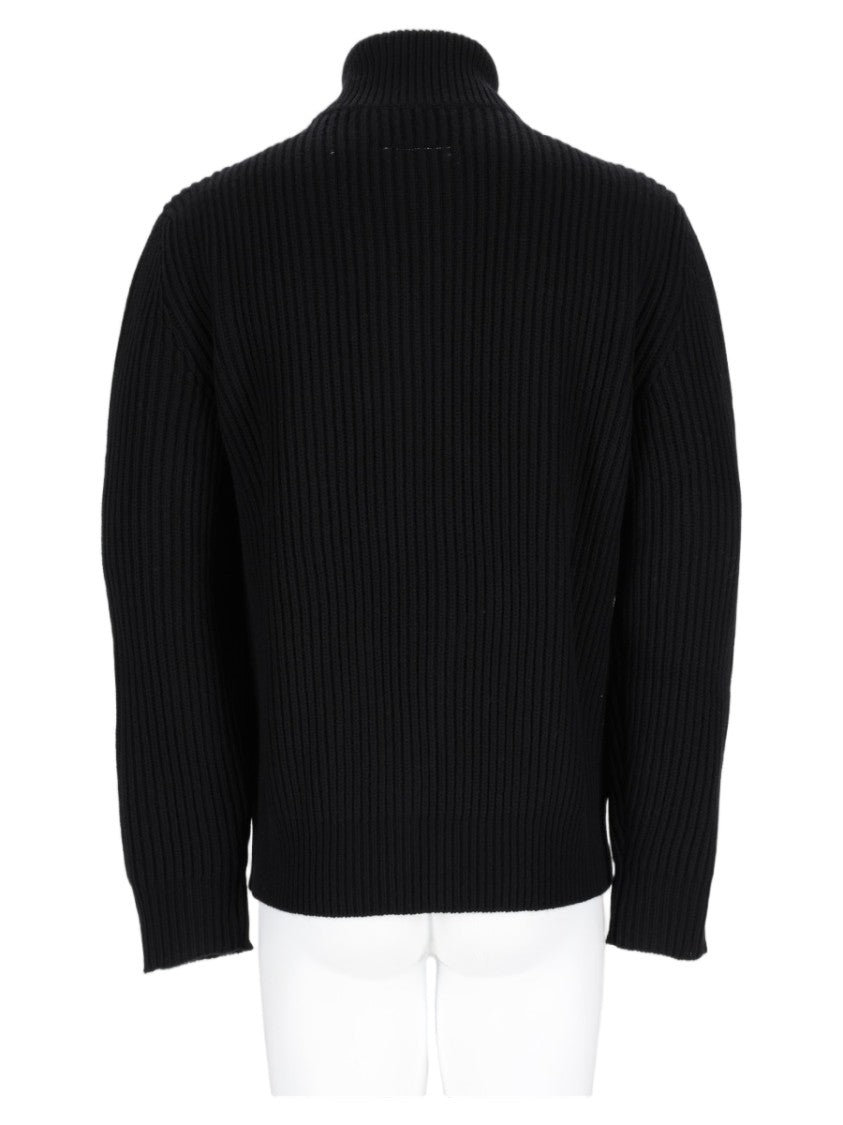 Mm6 By Maison Margiela Black High Collar Ribbed Wool-Blend Zip-Through Knit Jacket
