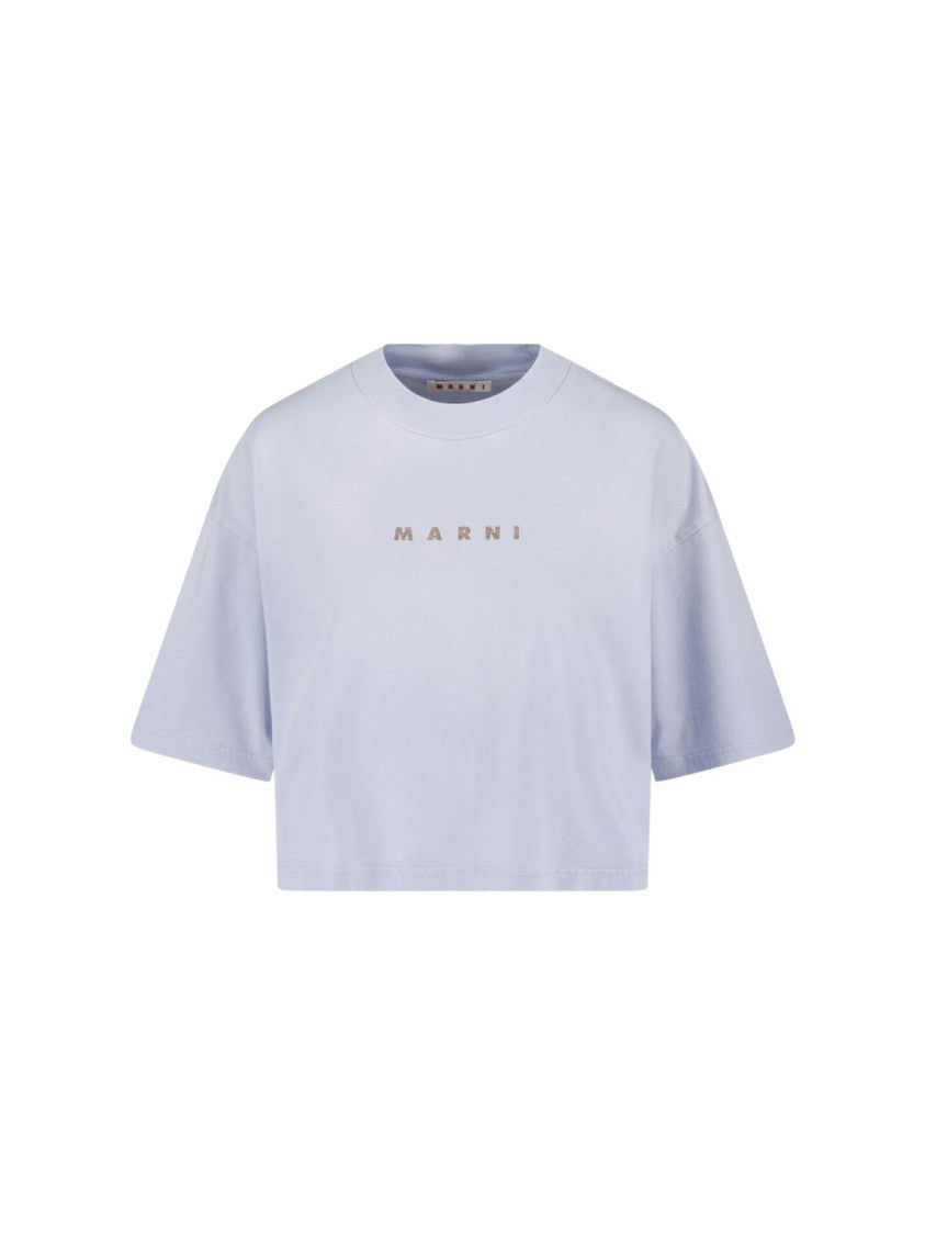 Marni Grey Cropped Logo Cotton T-Shirt