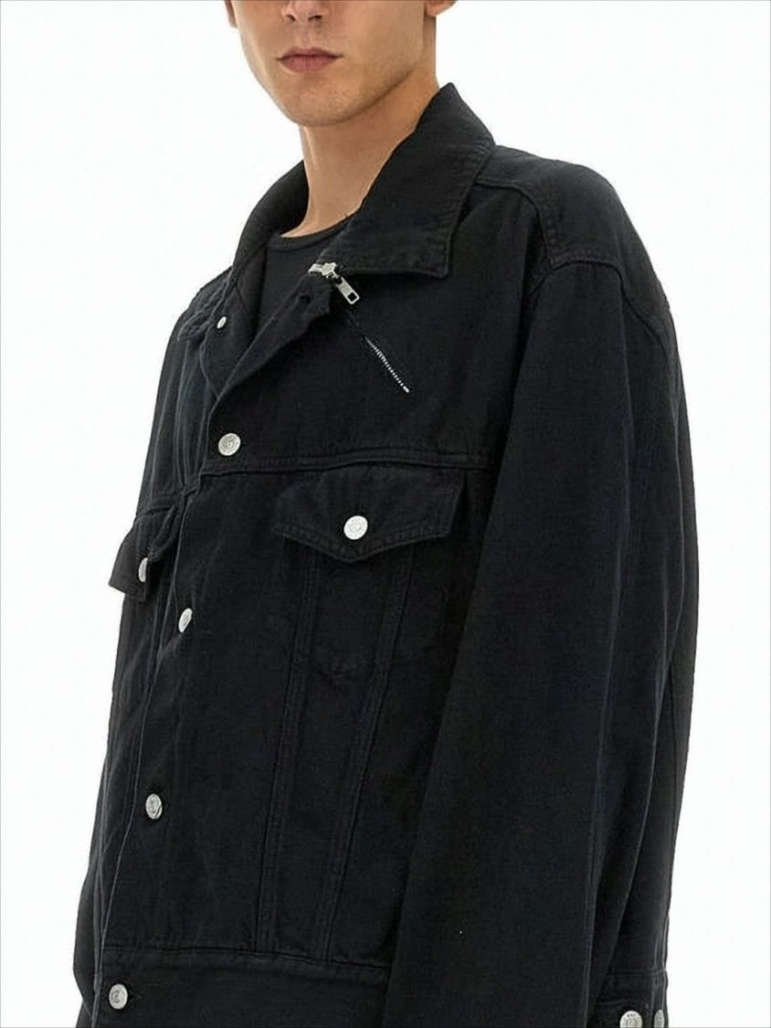 Mm6 By Maison Margiela Cropped Black Denim Jacket With Classic Collar And Boxy Fit
