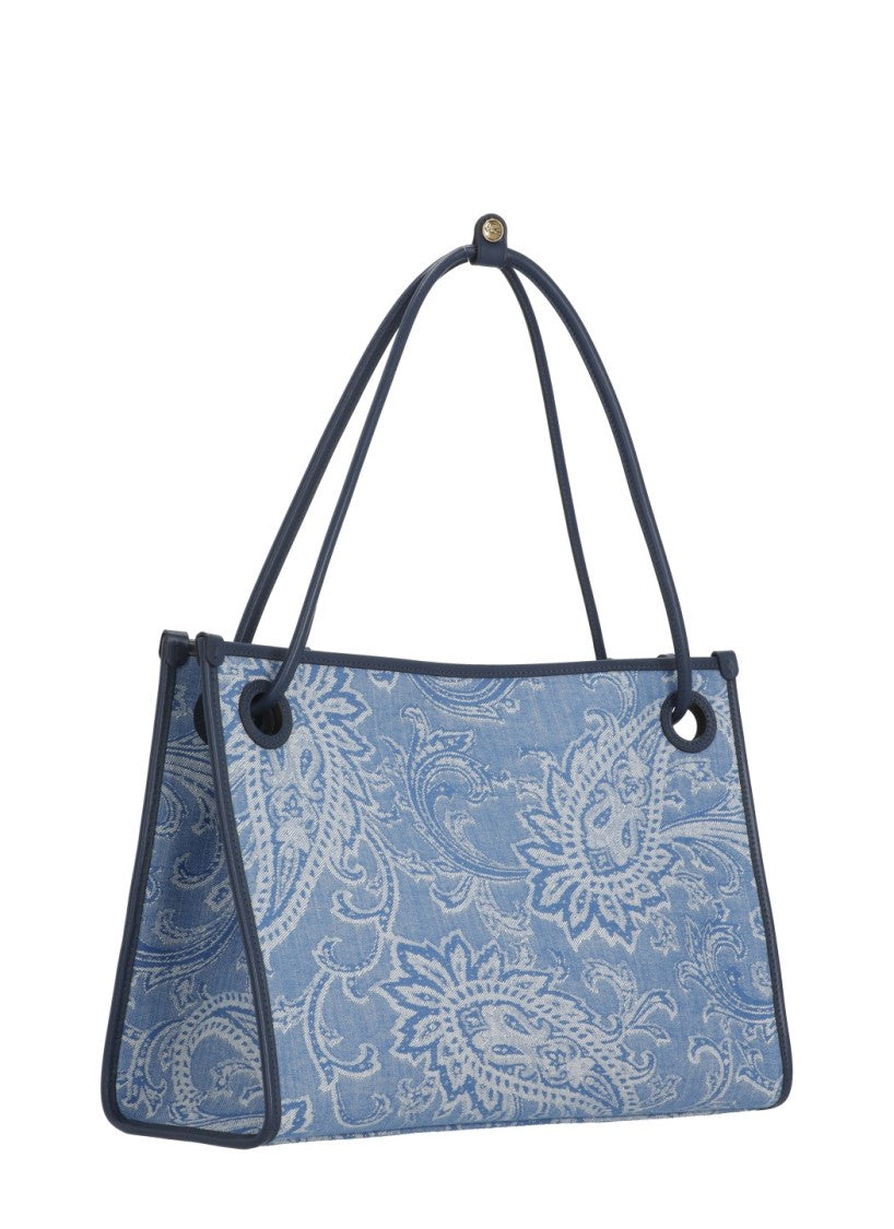 Etro Rectangular Blue Cotton Shoulder Bag With Contrasting Paisley Pattern