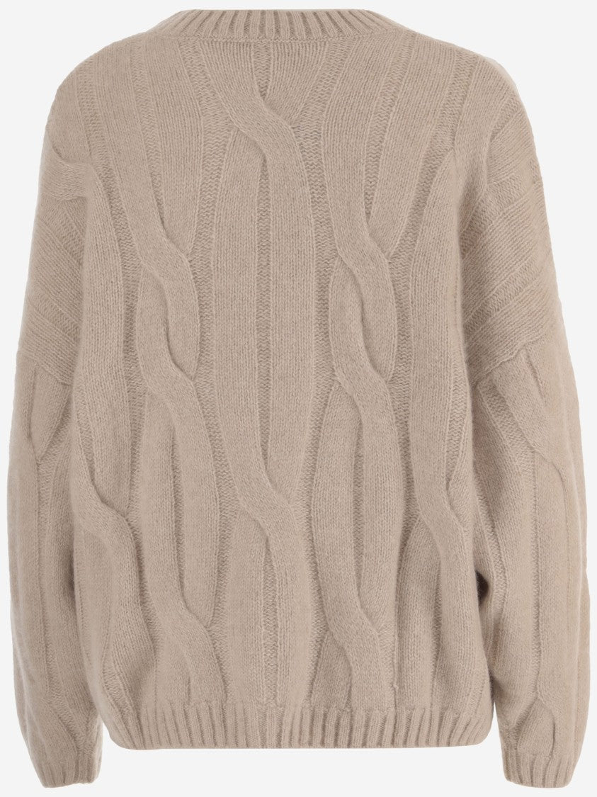 Allude Beige Cable Knit Cashmere Silk Crew Neck Sweater