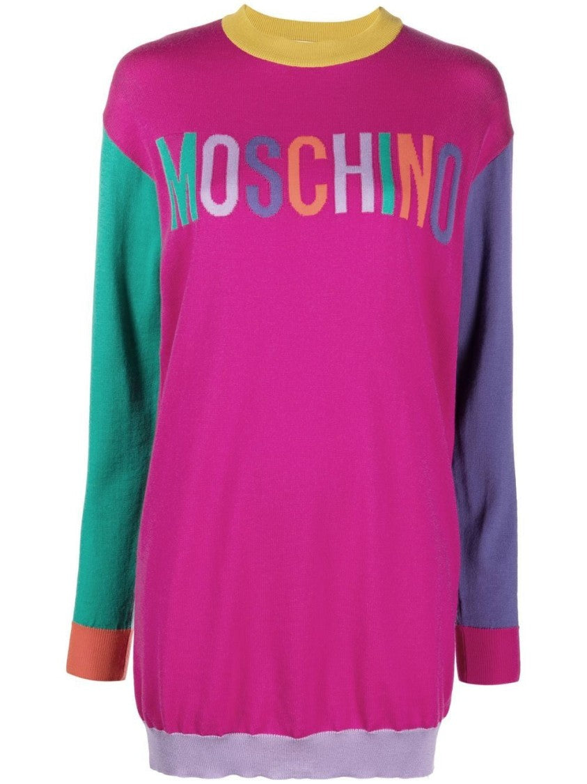 Moschino Playful Mini Dress With Vibrant Contrasting Sleeves And Multicolored Logo