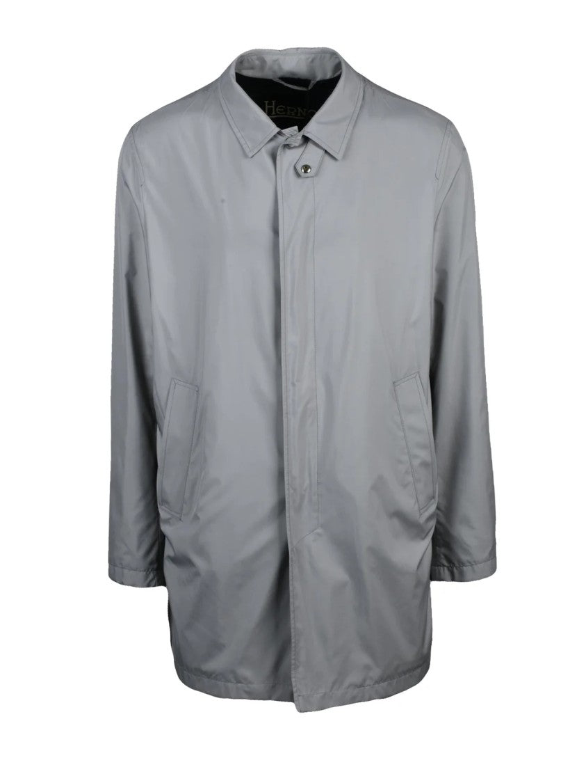 Herno Light Grey Snap-Button Lined Polyester Overcoat