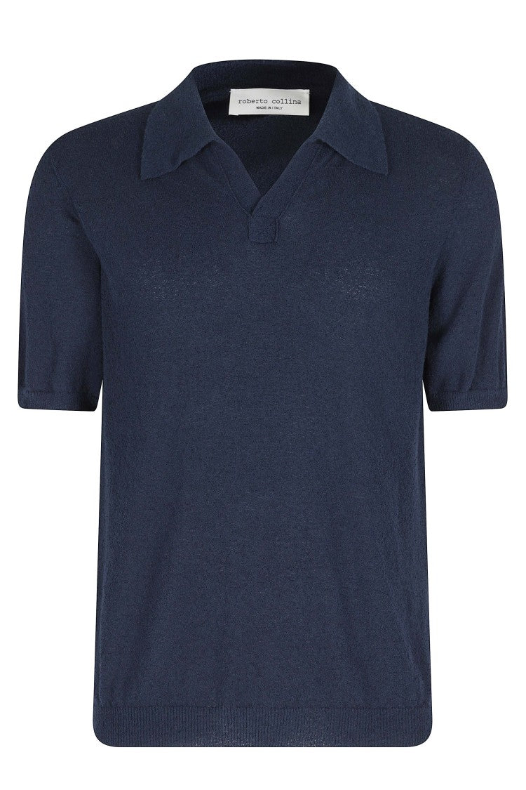 Roberto Collina Blue Light Sponge Short Sleeve Ribbed Trim Cotton-Blend Polo Shirt