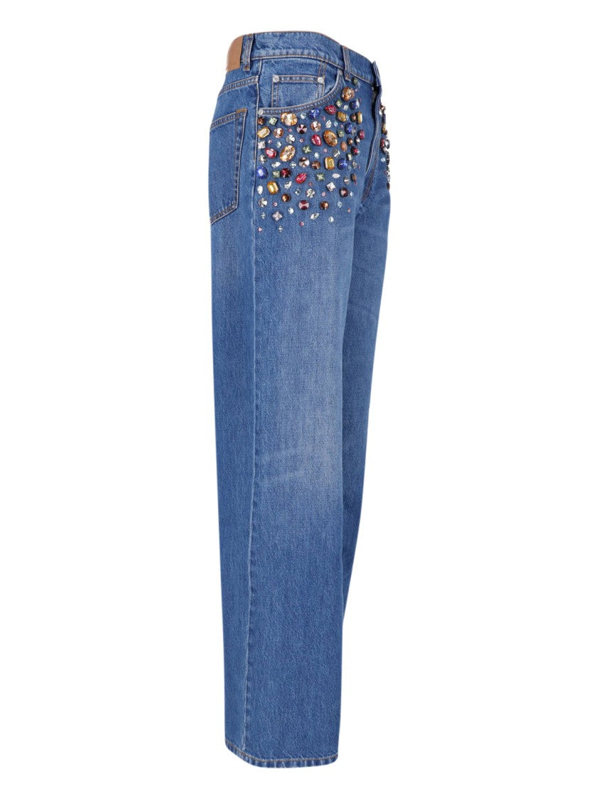 Stella Mccartney Blue High-Waisted Crystal Straight-Leg Jeans