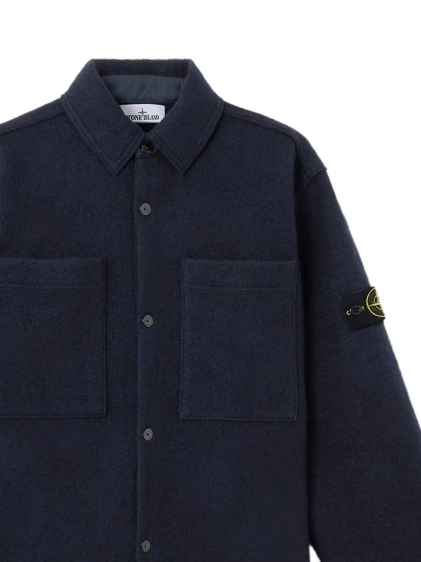 Stone Island Structured Blue Shirt With Logo Badge And Chest Pockets