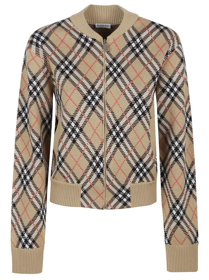 Burberry Beige Checked Cardigan With Ribbed Finish