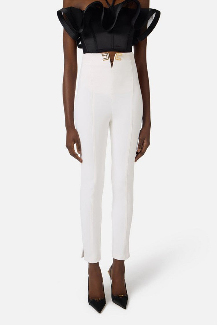 Elisabetta Franchi Ivory High-Waist V-Cut Logo Hardware Polyester-Blend Cropped Pants
