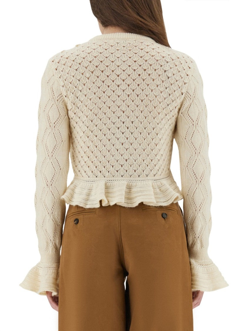 Chloé Intricate Crochet Knit Cardigan With Ruffled Hem And Flared Cuffs