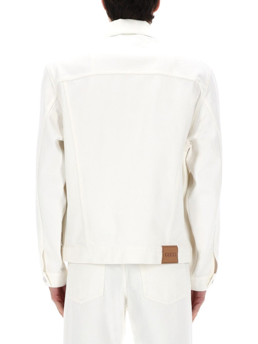 Gucci White Denim Jacket With Classic Collar And Boxy Fit